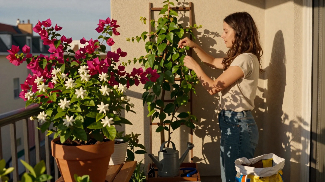 Mulher cuidando de planta trepadeira em varanda iluminada pelo sol com vasos floridos ao redor.
