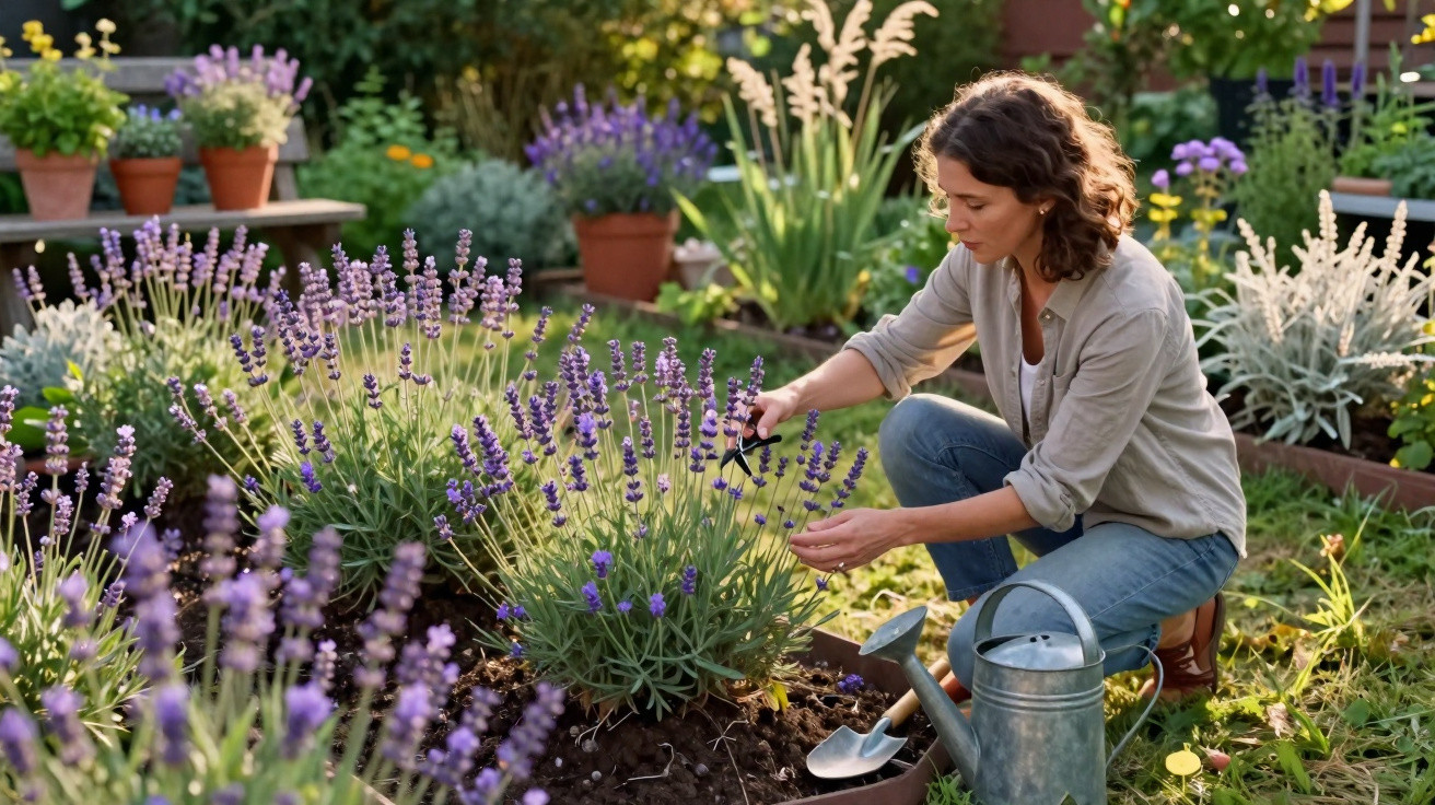 Mulher cuidando de lavanda em jardim com regador e ferramentas ao redor.