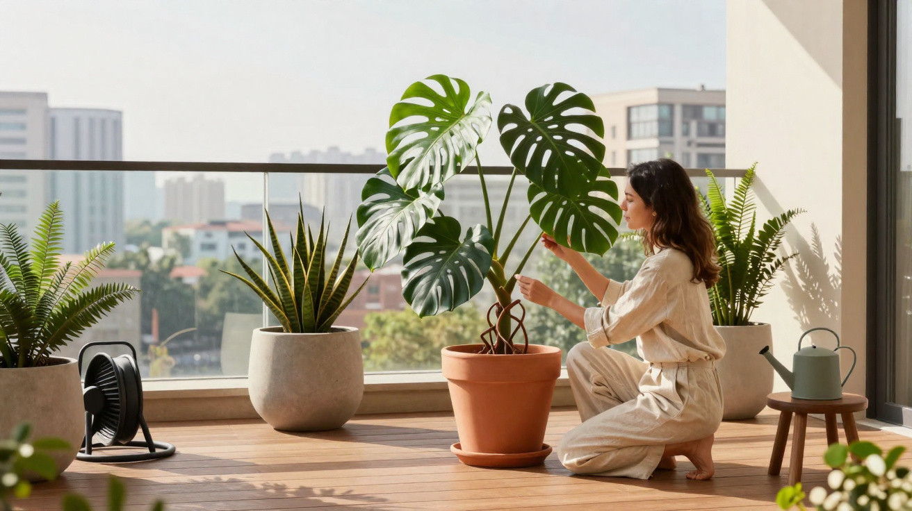 Mulher cuidando de plantas em vasos em varanda ensolarada com vista para prédios ao fundo.