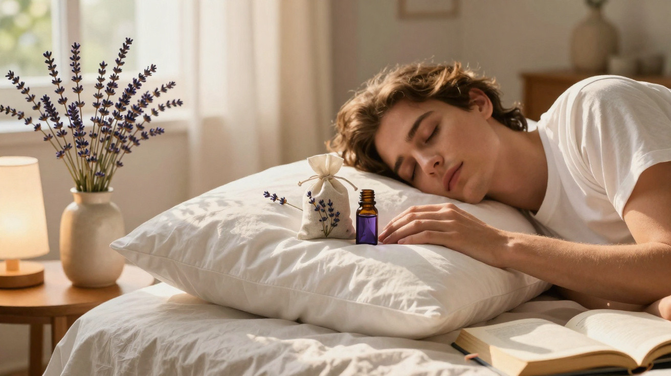 Jovem dormindo com frasco de óleo essencial e sachê de lavanda no travesseiro em quarto iluminado natural.