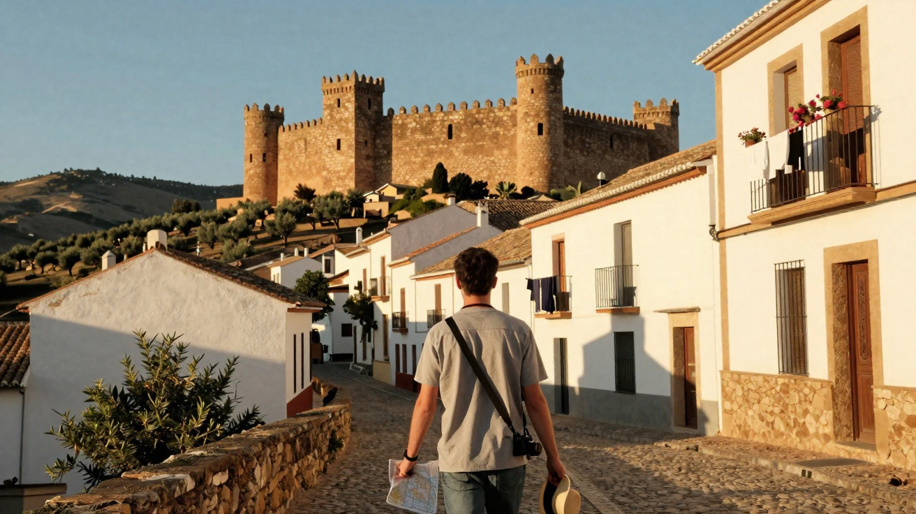 Homem caminhando por rua de pedras em vila histórica com castelo ao fundo ao entardecer.
