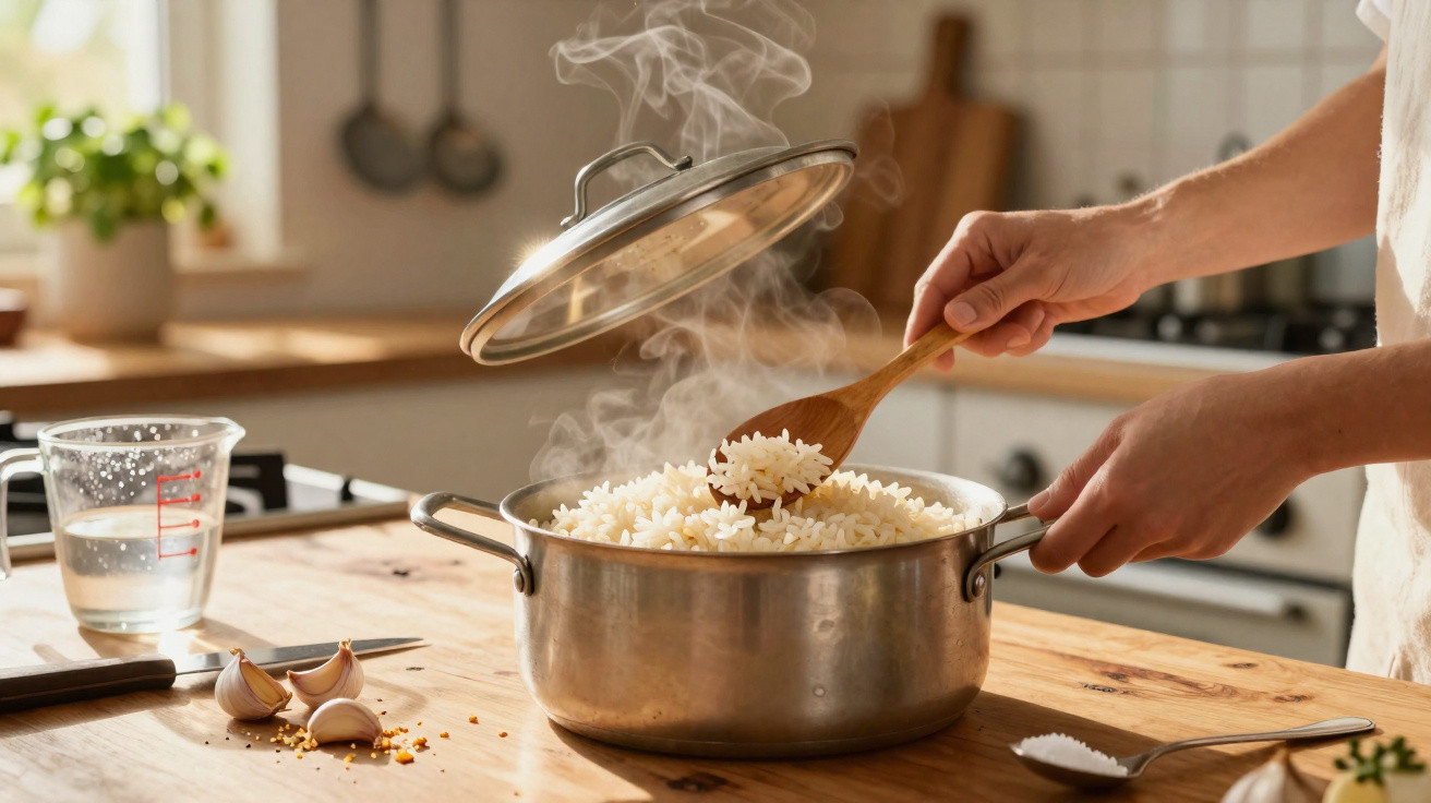 Pessoa mexendo arroz recém-cozido em panela de inox com tampa aberta em cozinha iluminada natural.