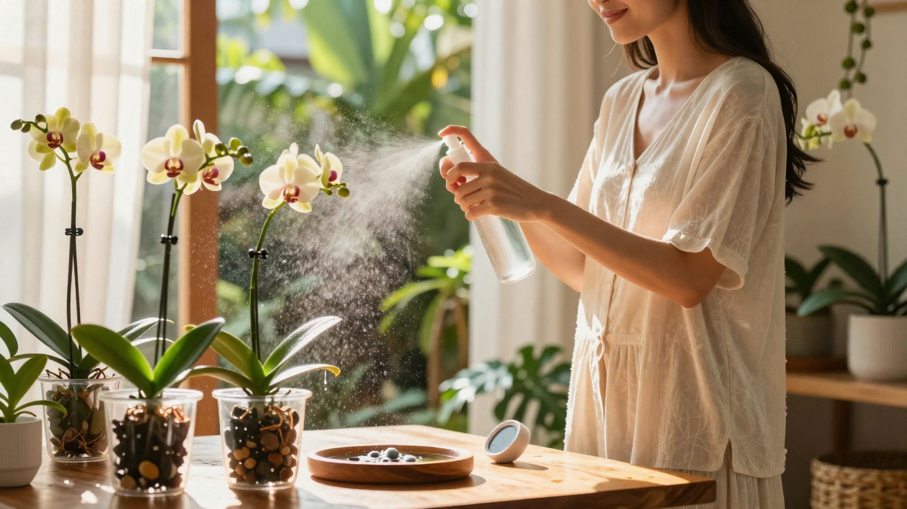 Mulher borrifando água em orquídeas brancas dentro de casa em ambiente iluminado e aconchegante.