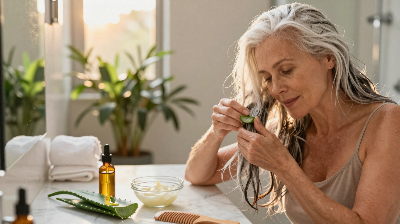 Mulher aplicando suco de aloe vera nos cabelos em banheiro com produtos naturais ao redor.