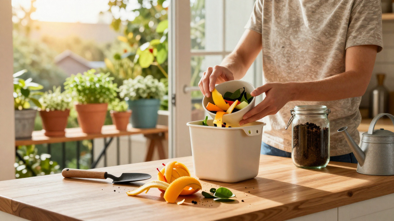 Pessoa descartando restos de alimentos orgânicos em recipiente para compostagem doméstica na cozinha iluminada.