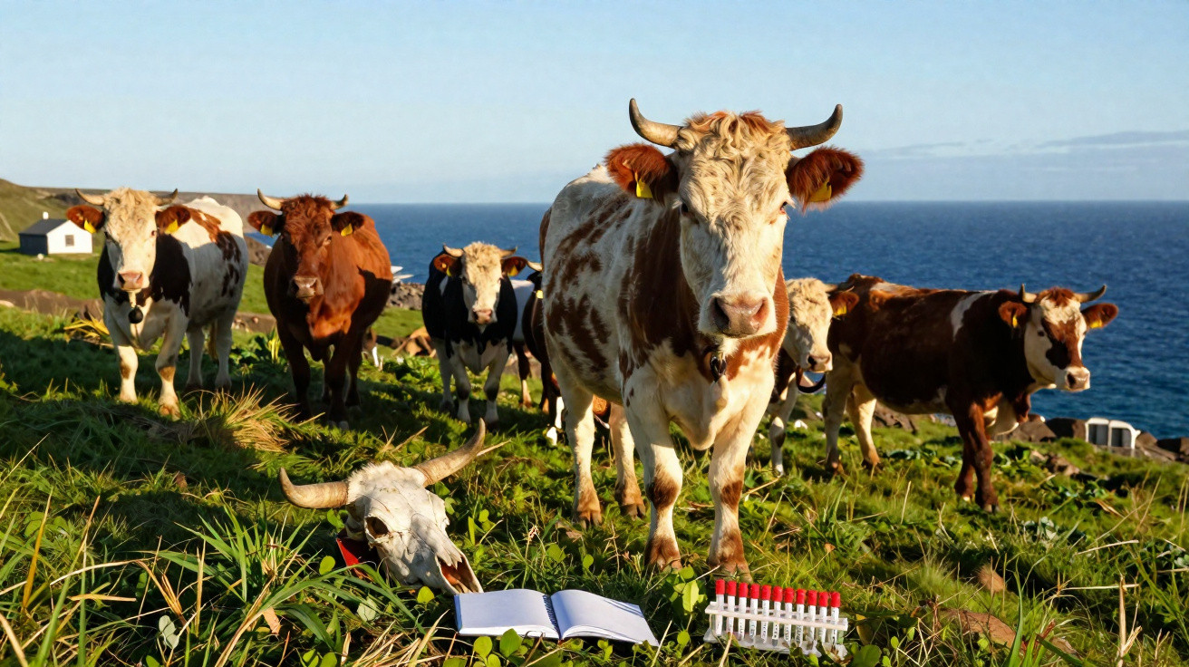 Vacarias em campo verde com costa marítima ao fundo, crânio de boi, caderno aberto e tubos de ensaio.