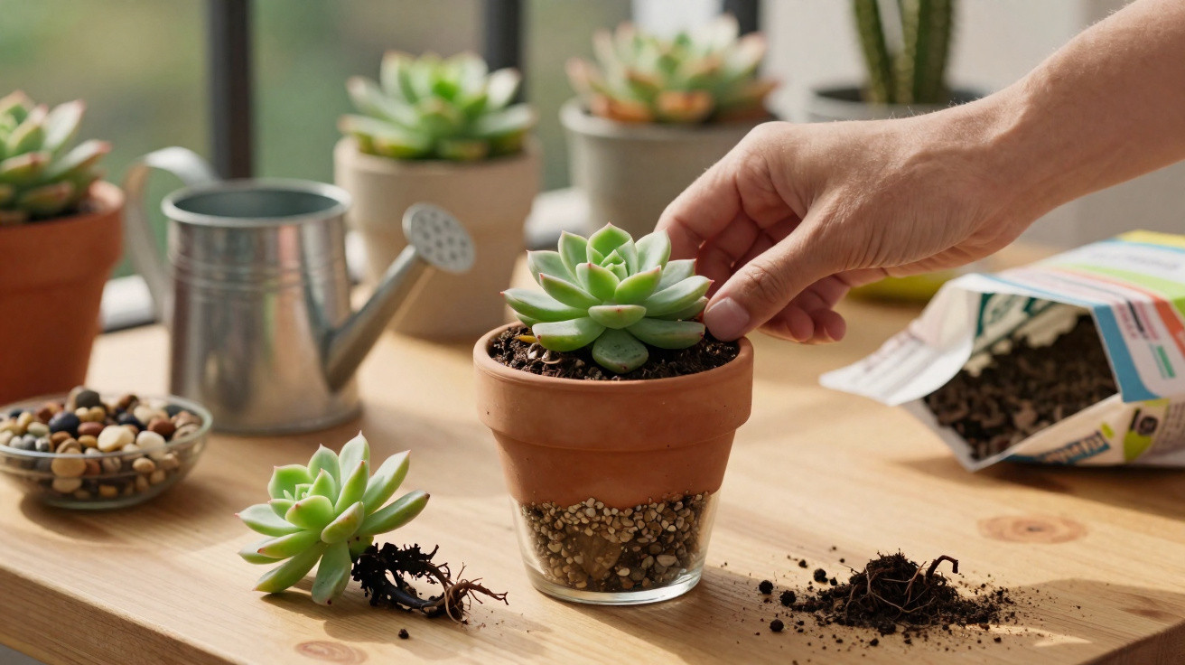 Mão plantando suculenta em vaso de barro sobre mesa de madeira com regador e terra ao fundo.