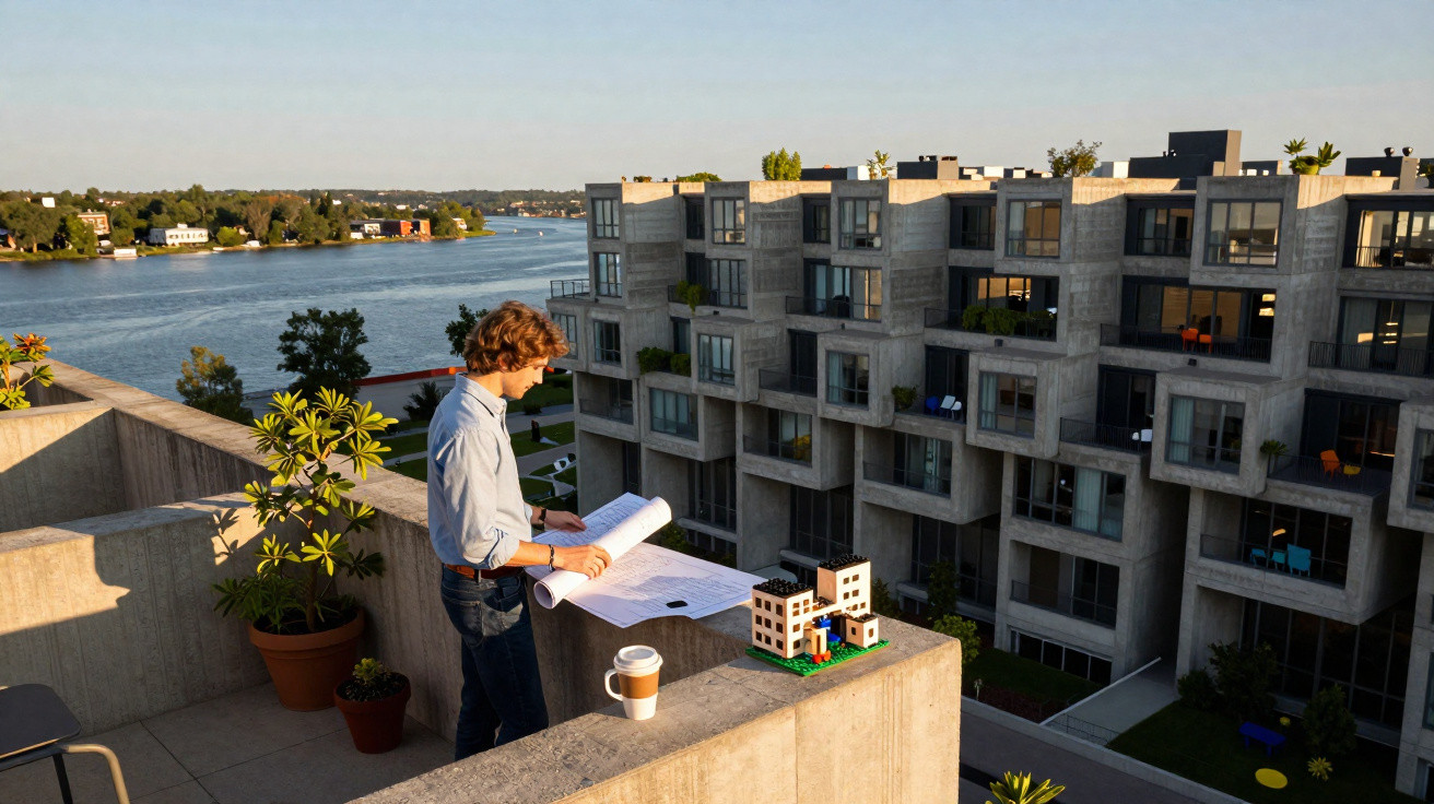 Homem analisa planta baixa na varanda de prédio moderno com rio ao fundo e maquete de construção.