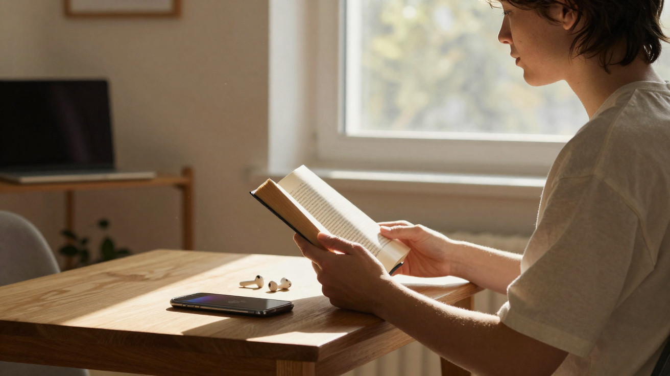 Pessoa lendo livro sentada à mesa de madeira, com celular e fones sobre a mesa, luz natural entrando pela janela.