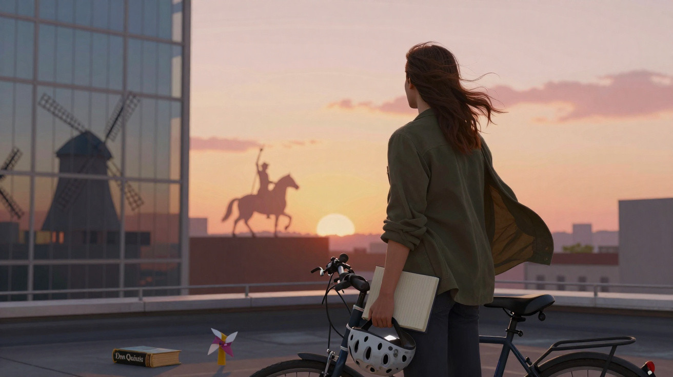 Mulher com bicicleta observa estátua de cavaleiro e moinho ao pôr do sol na cidade.