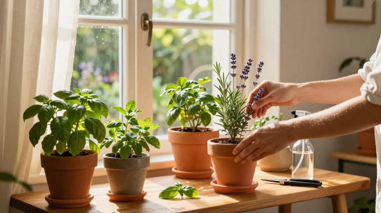 Mãos cuidando de vasos com plantas medicinais e ervas aromáticas ao lado de janela iluminada pelo sol.