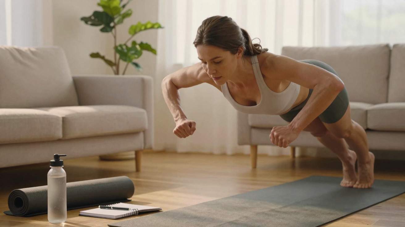 Mulher fazendo exercício de prancha com socos em tapete de yoga na sala de estar iluminada.