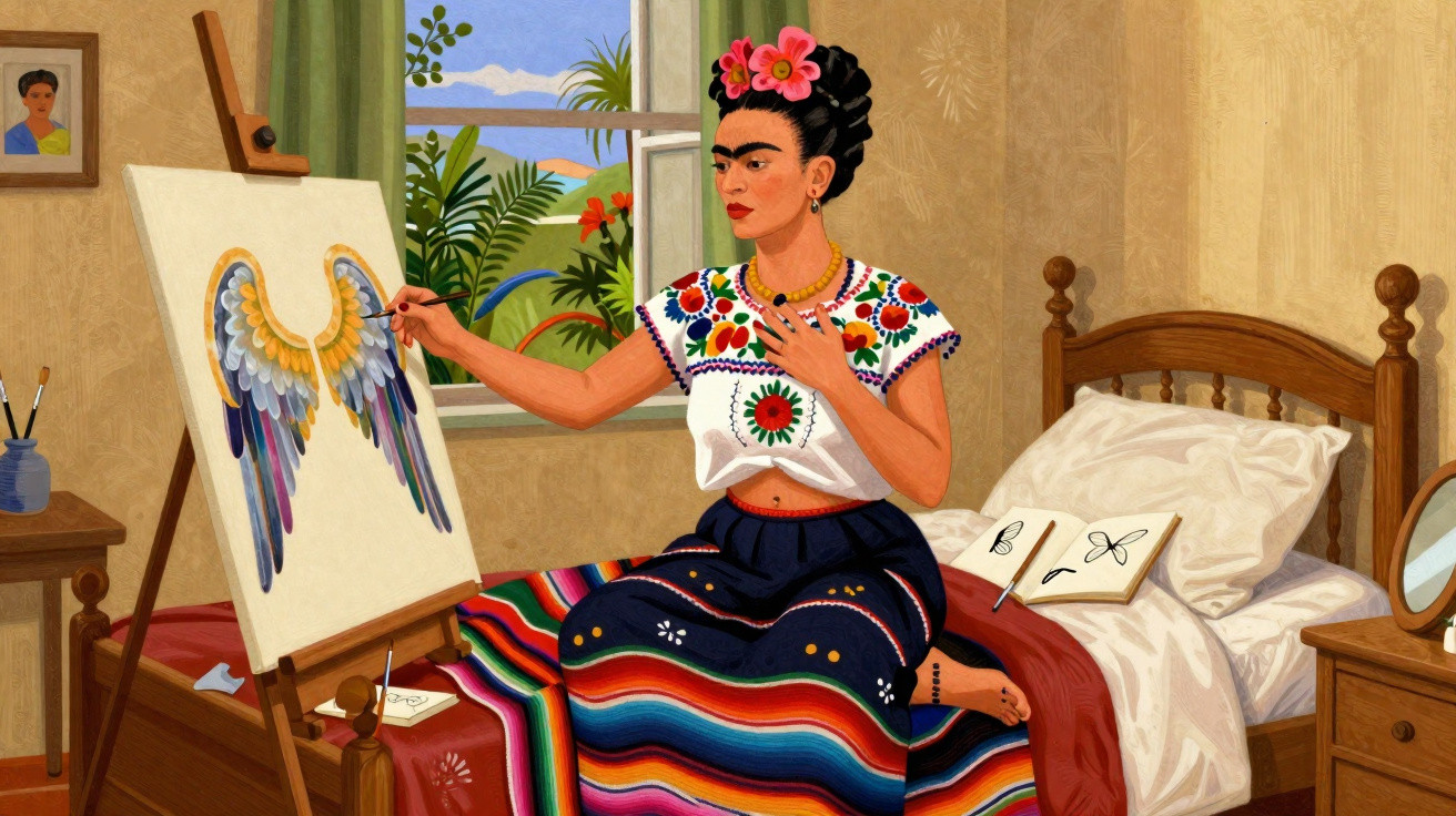 Mulher pintando asas coloridas em tela dentro de quarto com cama e janela aberta para jardim.