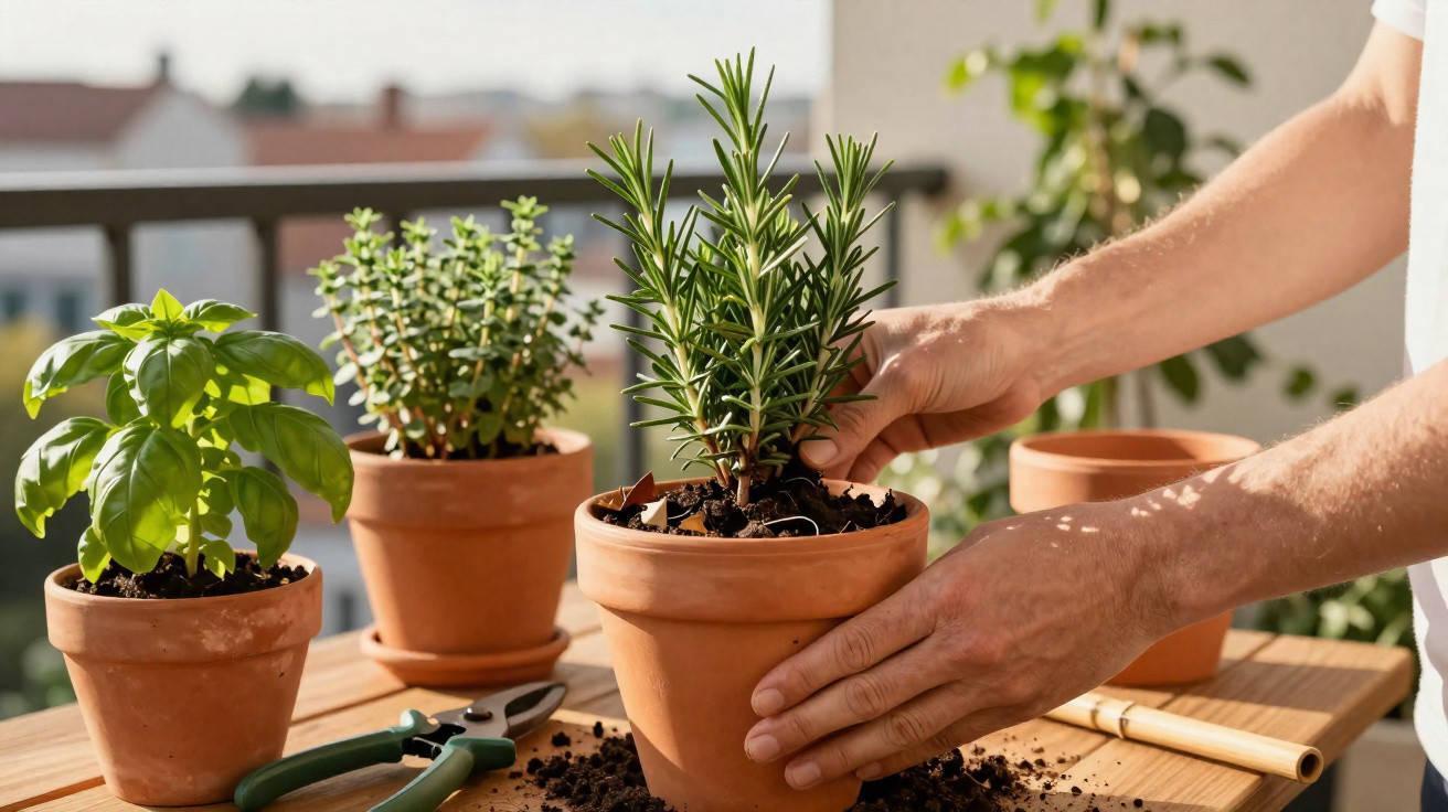 Mãos cuidando de planta em vaso de barro ao lado de outras plantas e tesoura de poda sobre mesa de madeira.