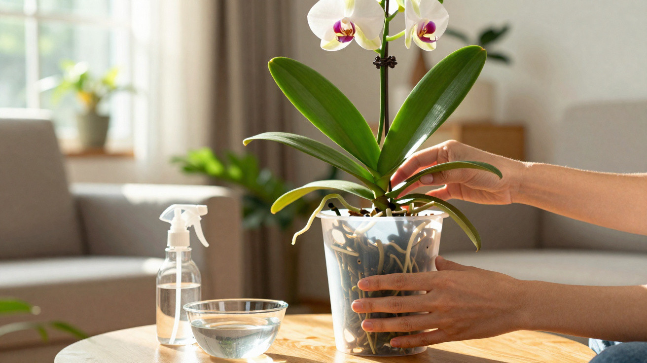 Pessoa cuidando de orquídea branca em vaso transparente dentro de casa, com regador e tigela de água.