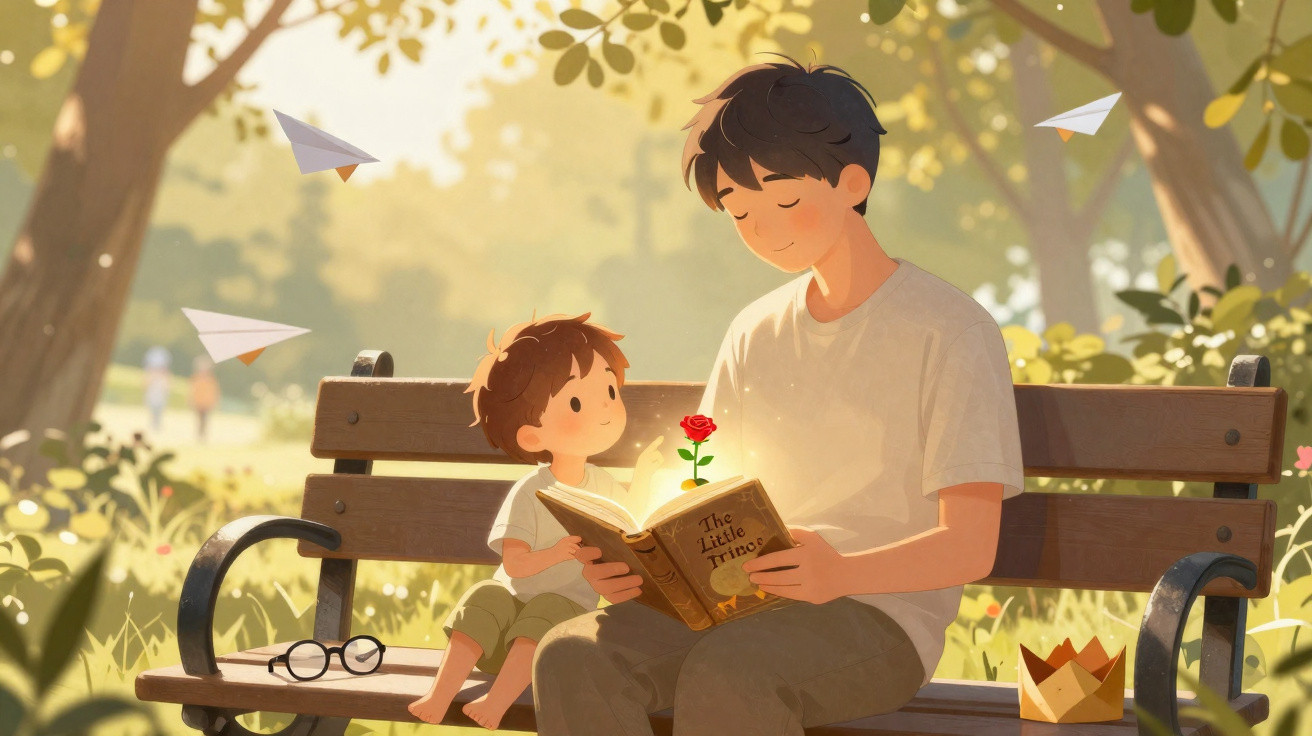 Pai e filho lendo “O Pequeno Príncipe” em banco de parque com pipa de papel e coroa ao lado.