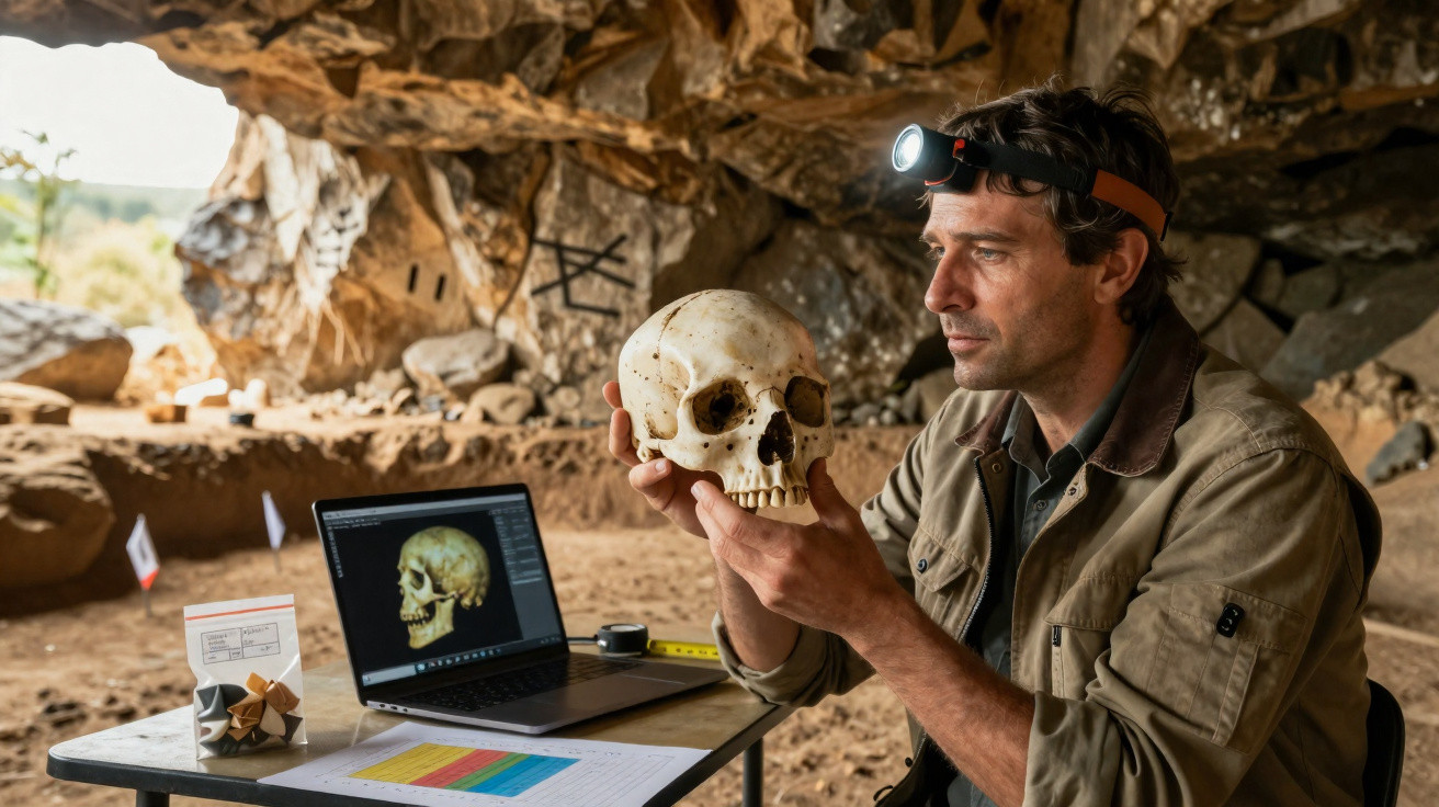 Arqueólogo com lanterna na cabeça examina crânio humano em caverna, com notebook e documentos na mesa.
