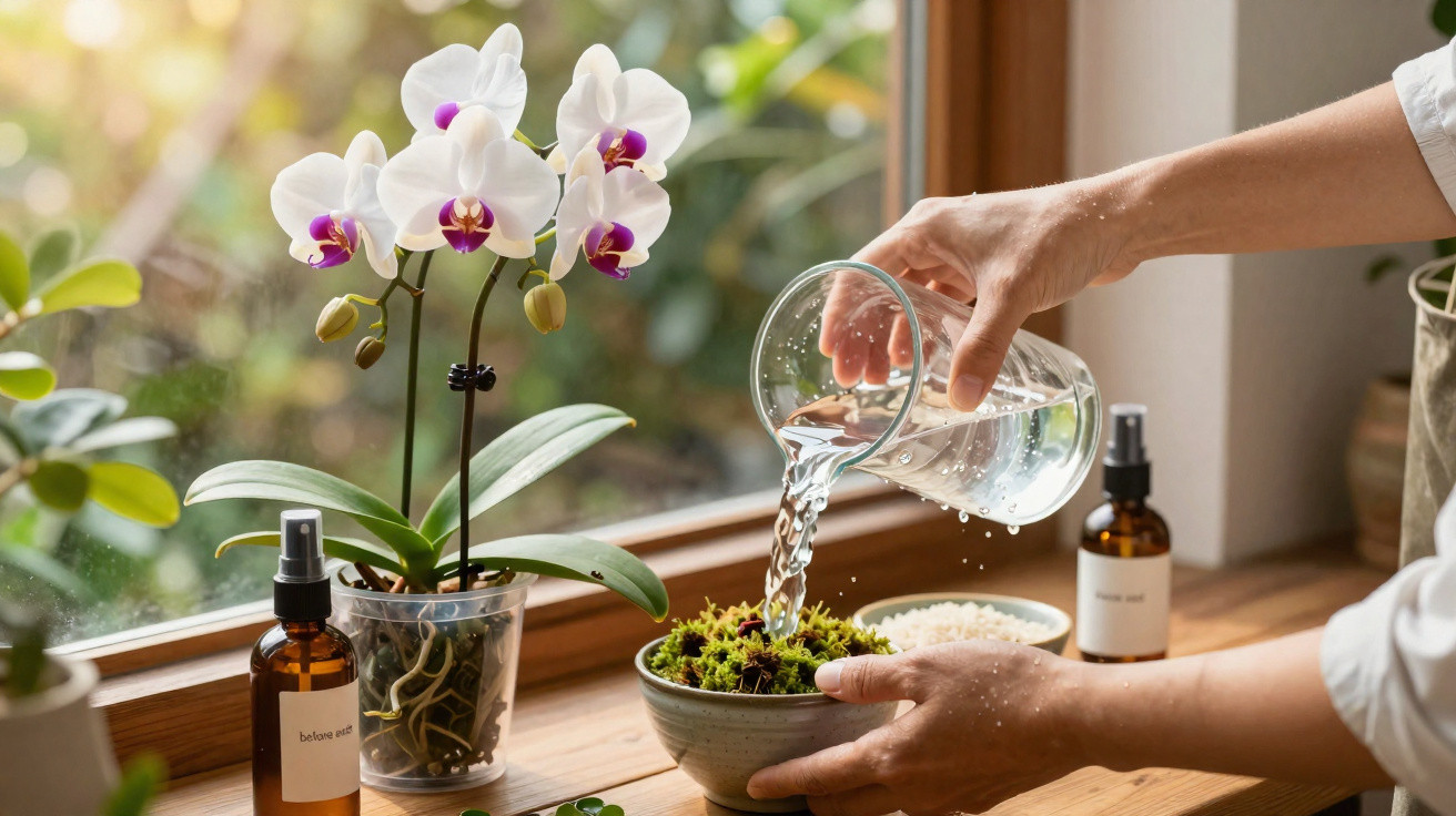 Pessoa regando plantas em vaso na janela com orquídea branca e frascos de spray ao fundo.
