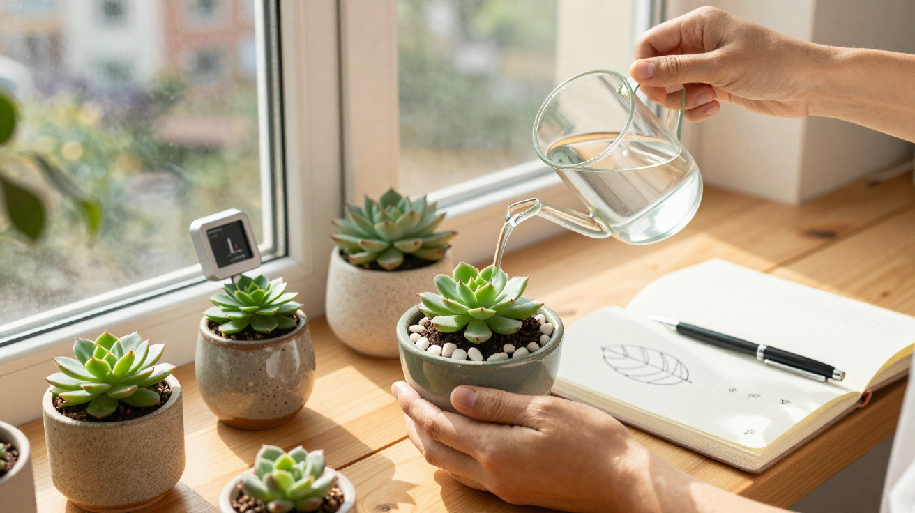 Pessoa regando suculenta em vaso na janela com caderno de desenhos e outras plantas ao redor.