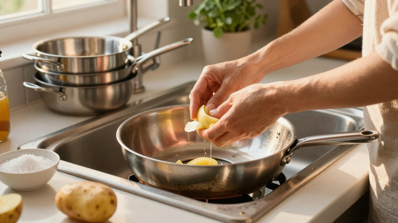 Pessoa quebrando ovo em frigideira sobre fogão na cozinha com utensílios ao fundo.