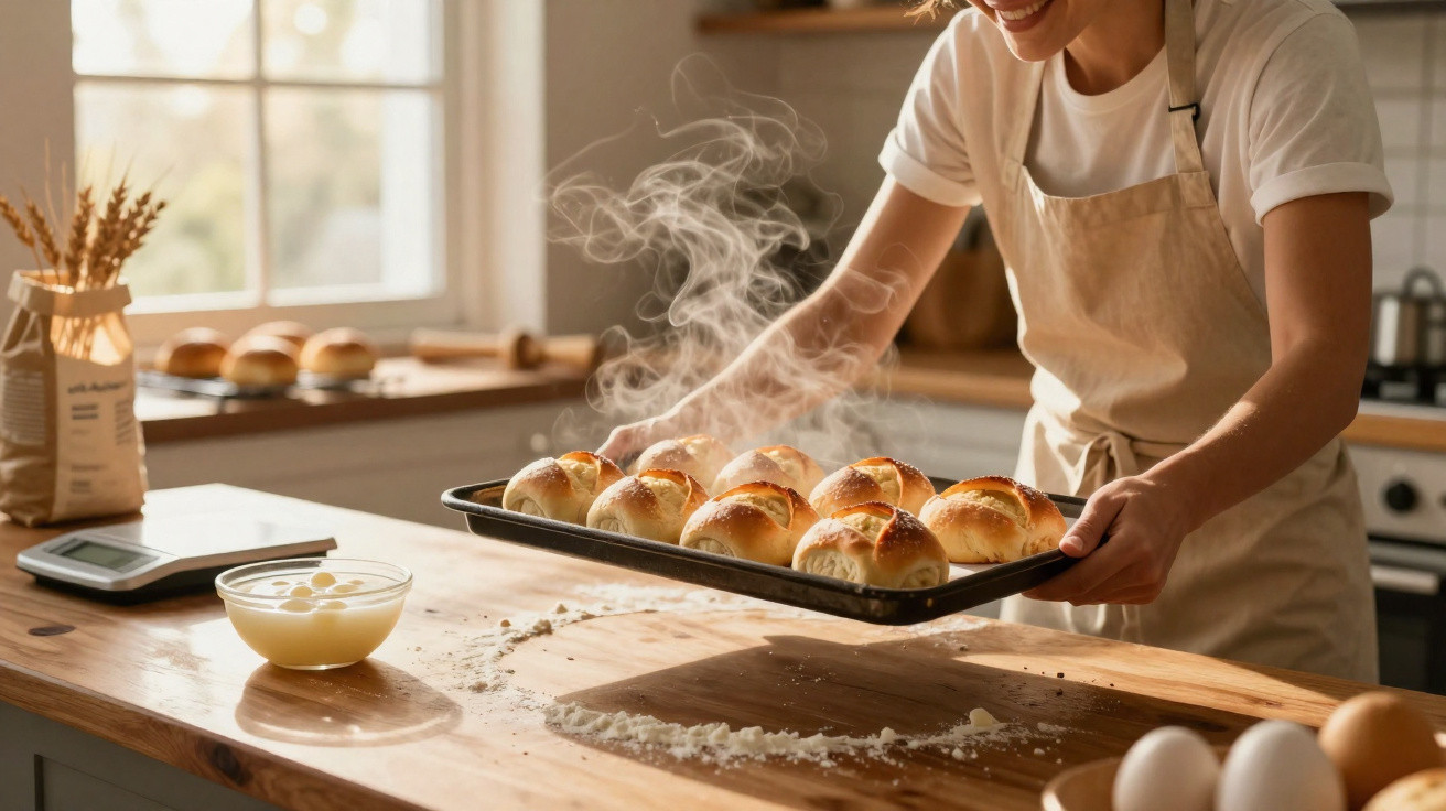 Pessoa segurando assadeira com pães quentes recém-saídos do forno em cozinha iluminada pela manhã.