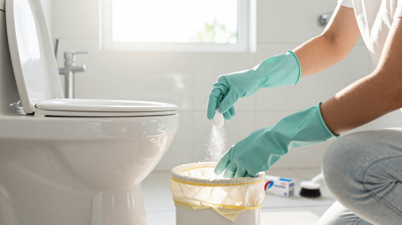 Pessoa usando luvas verdes colocando produto de limpeza no vaso sanitário de banheiro branco.