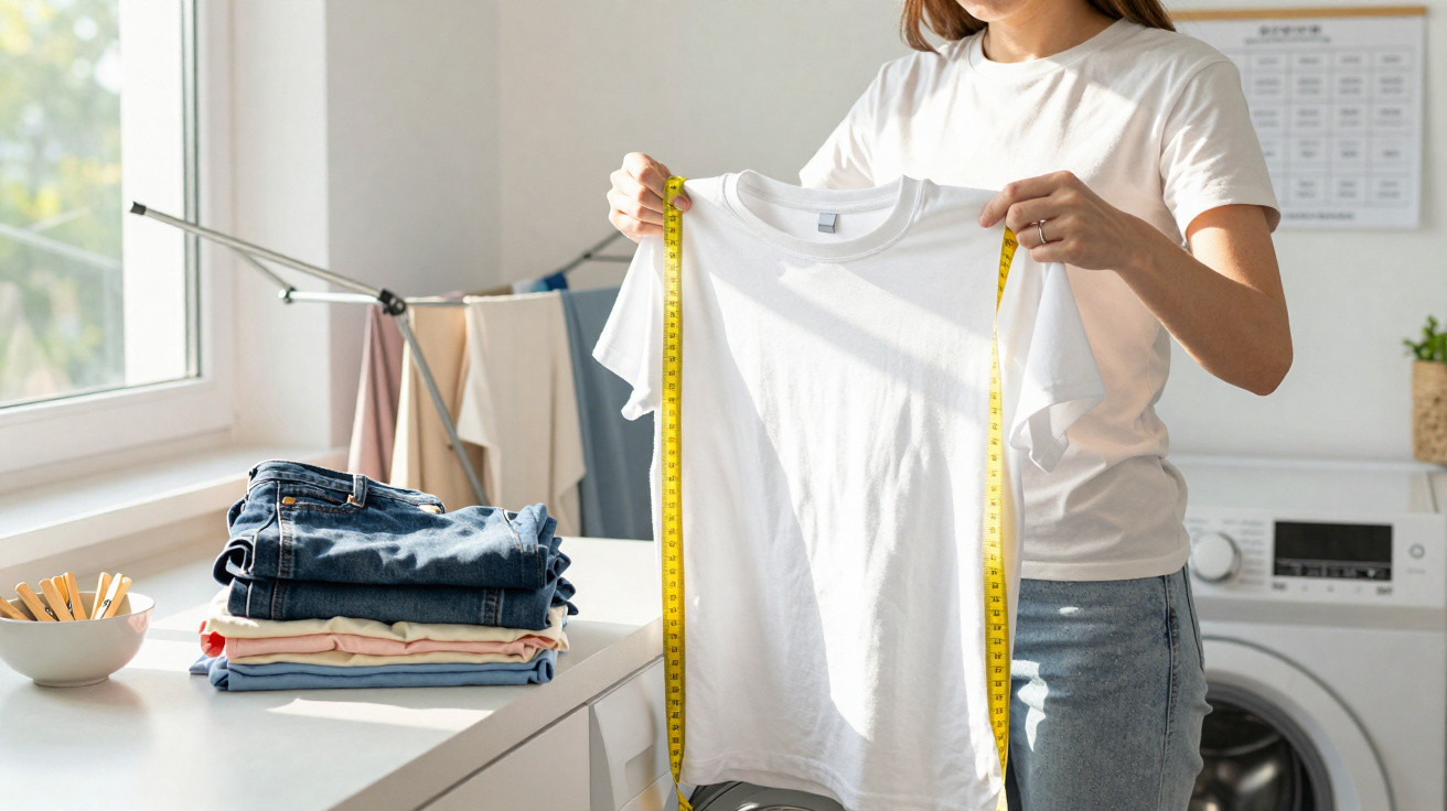 Pessoa medindo camiseta branca com fita métrica em lavanderia iluminada, com roupas dobradas ao lado.
