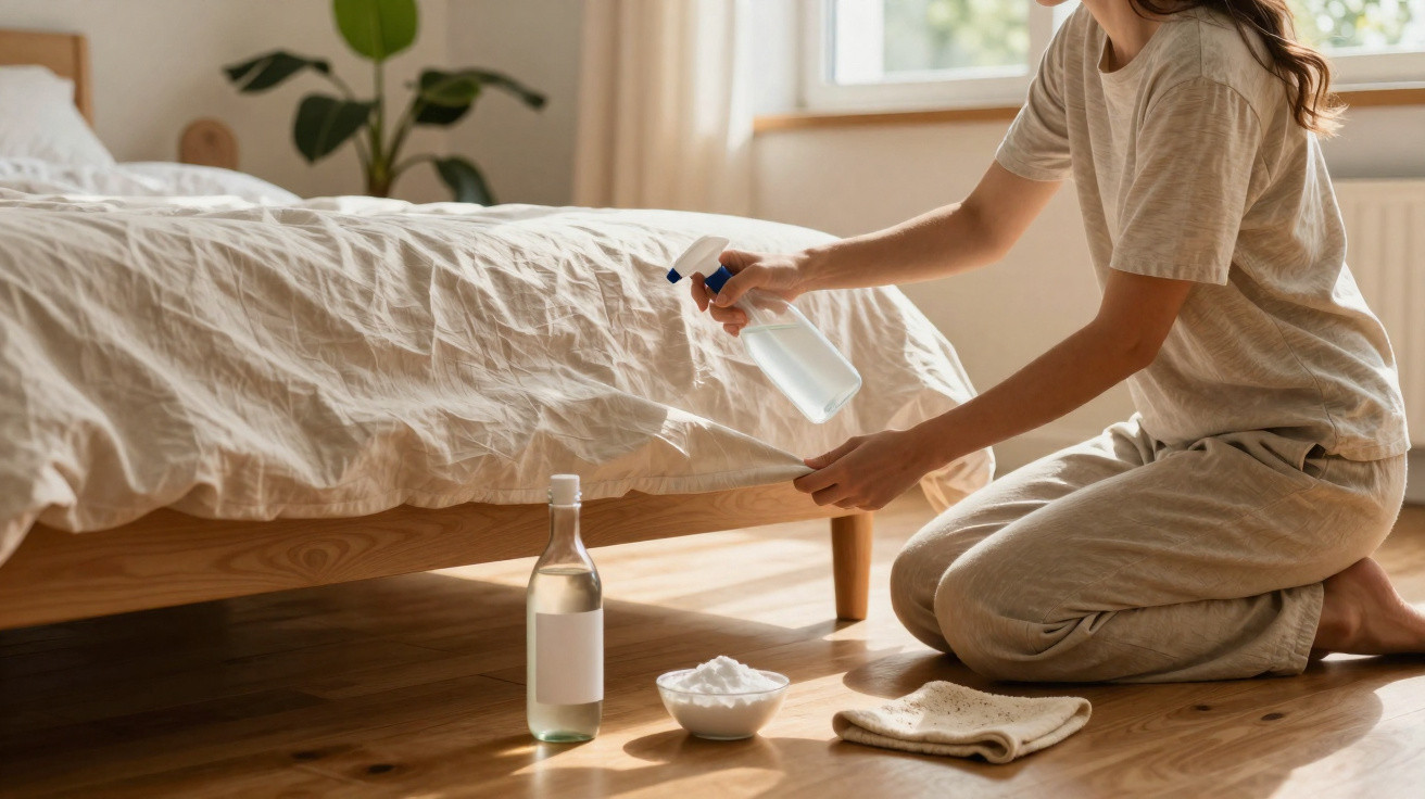 Mulher limpando o chão ao lado da cama com borrifador e produtos de limpeza em ambiente iluminado.