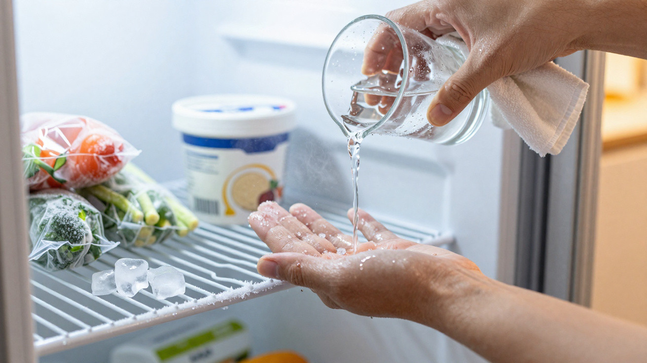 Pessoa derramando água gelada na mão dentro de uma geladeira aberta com legumes e produtos.