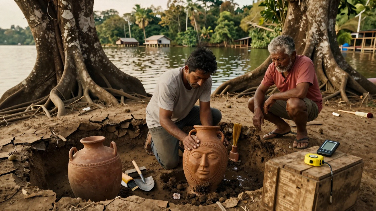 Dois homens trabalham em escavação junto a rio, posicionando vaso cerâmico com rosto em buraco na terra.