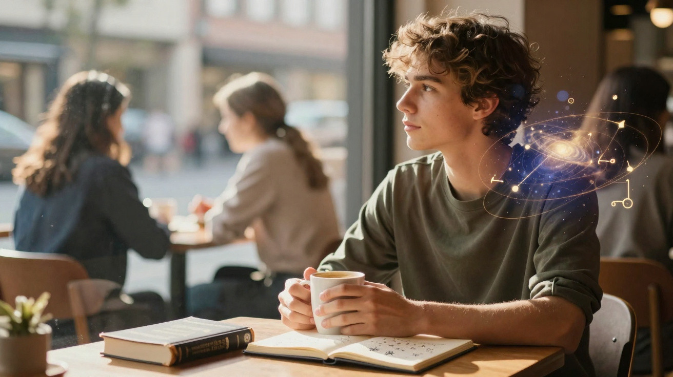 Jovem sentado em café com livro aberto e ilustração digital de galáxia ao seu lado, olhando pela janela.