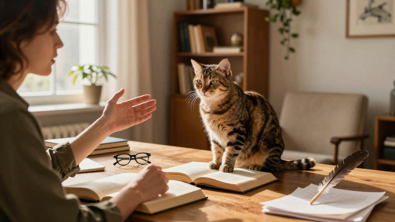 Mulher sentada à mesa com livros, gesticulando para gato sentado sobre livro aberto em ambiente iluminado.