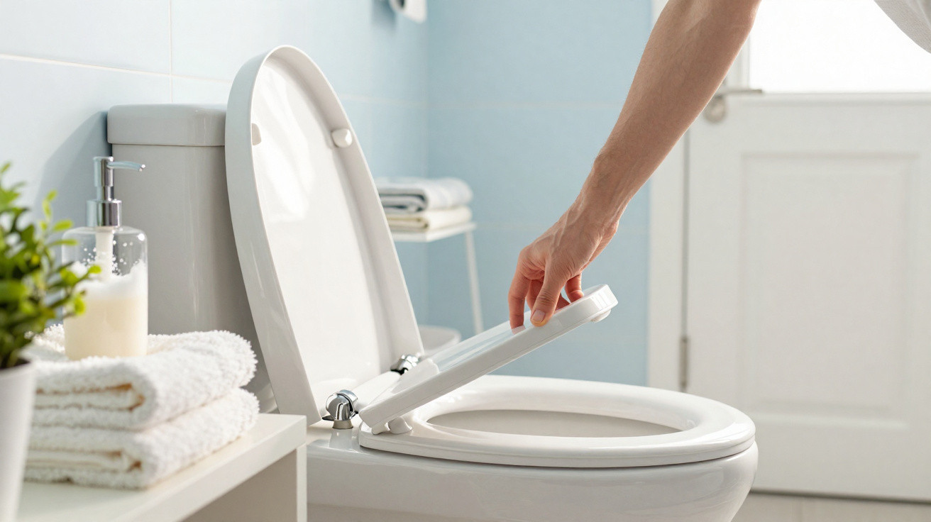 Mão abrindo tampa de vaso sanitário branco em banheiro com toalhas e sabonete líquido.