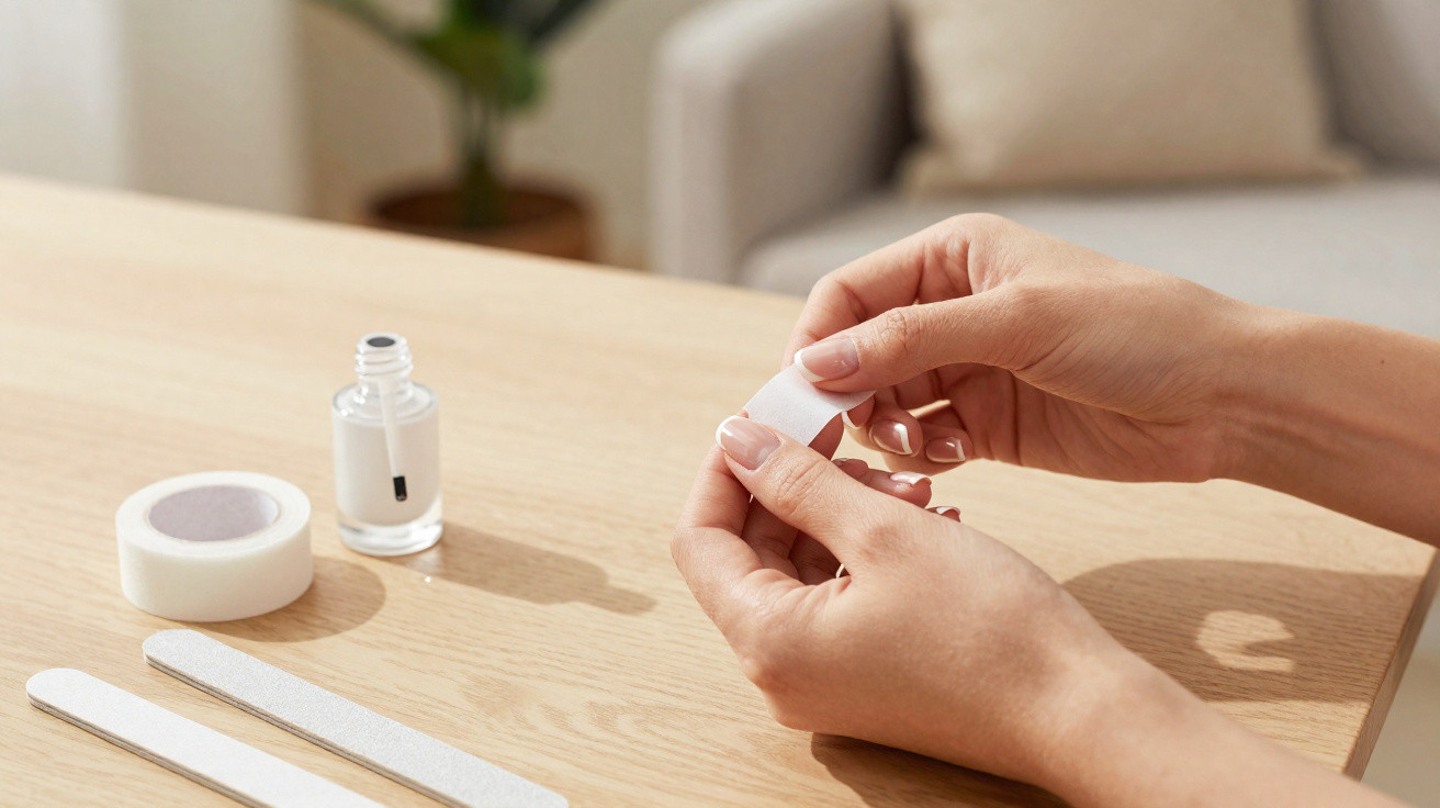 Mãos femininas preparando unha com lixa, fita adesiva e esmalte transparente sobre mesa de madeira clara.