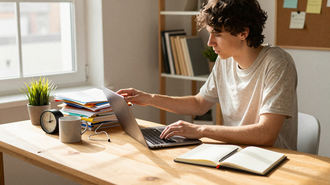 Jovem sentado à mesa usando notebook, com livros, cadernos, caneca e planta ao lado em ambiente iluminado.