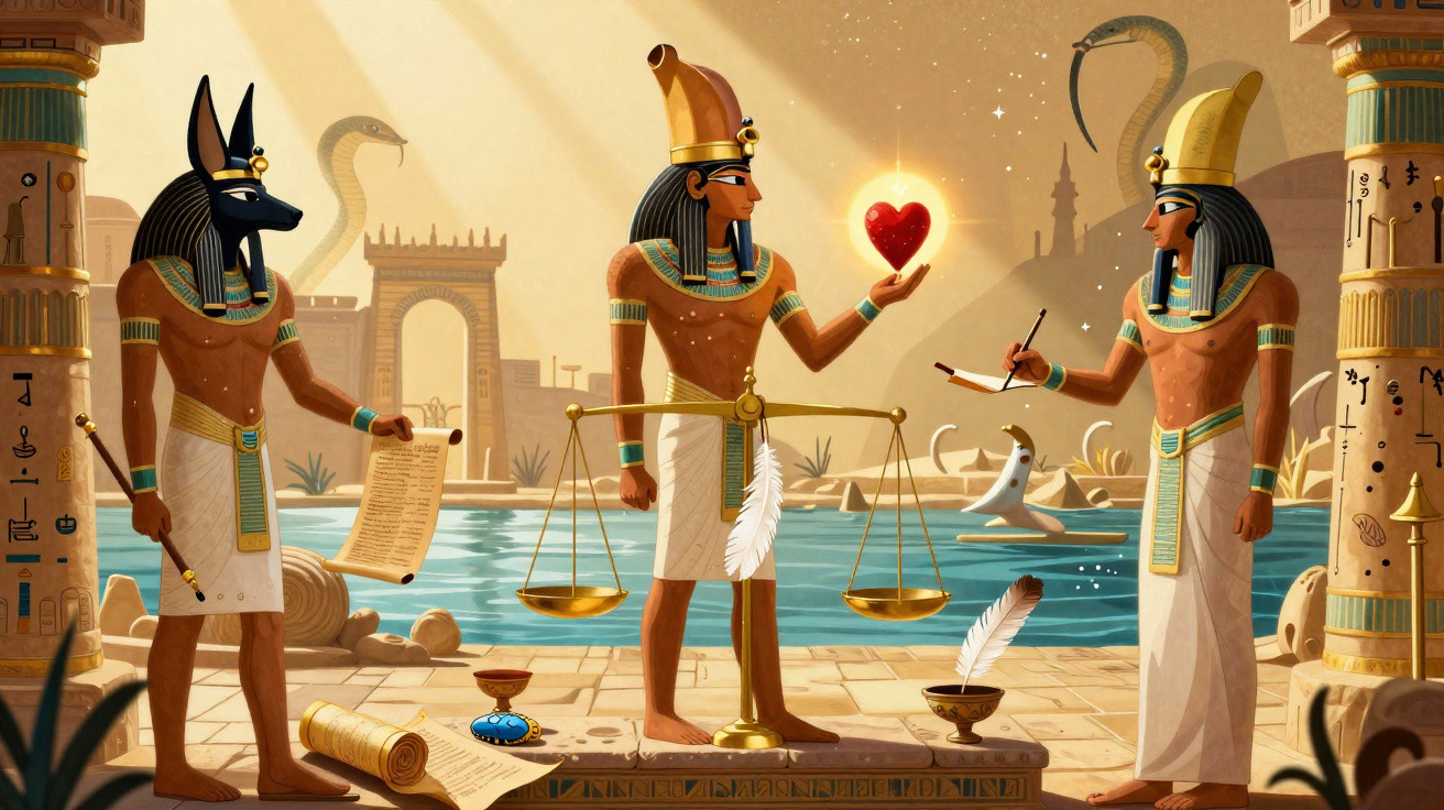 Deuses egípcios Anúbis, Osíris e Thoth em cena de julgamento do coração ao lado de uma balança dourada.