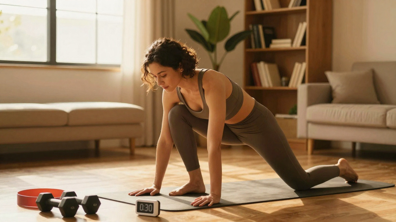 Mulher praticando alongamento em tapete de yoga na sala, com halteres e relógio ao lado.