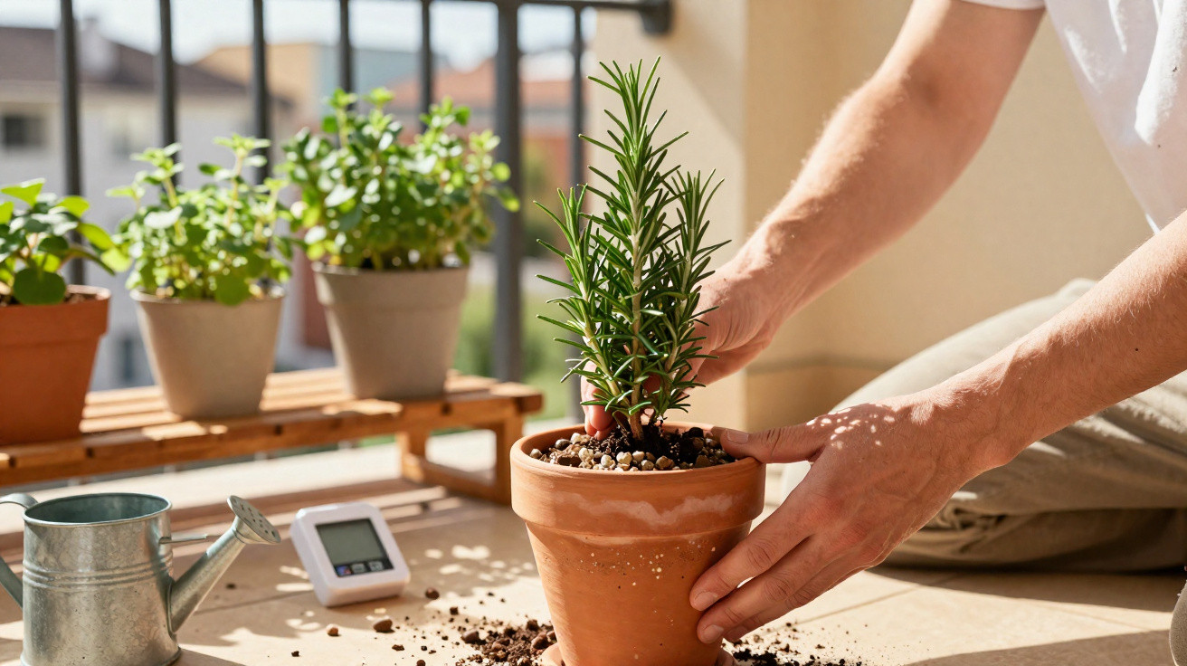 Pessoa cuidando de planta de alecrim em vaso de barro em varanda com outras plantas ao fundo.