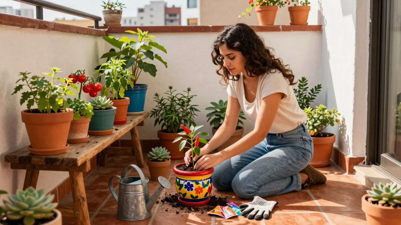 Mulher cuidando de planta em vaso colorido em varanda com várias plantas em jardineiras e vasos.
