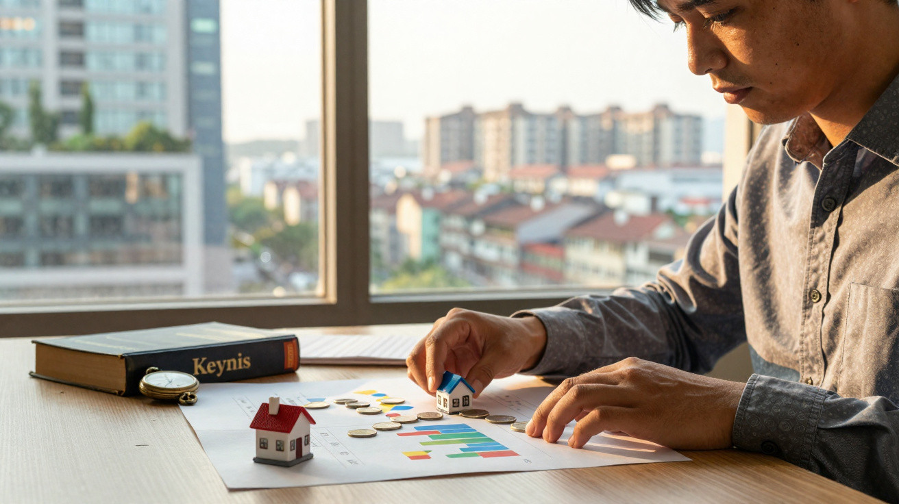 Homem analisando gráficos, moedas e miniaturas de casas em mesa com livro e relógio ao lado.