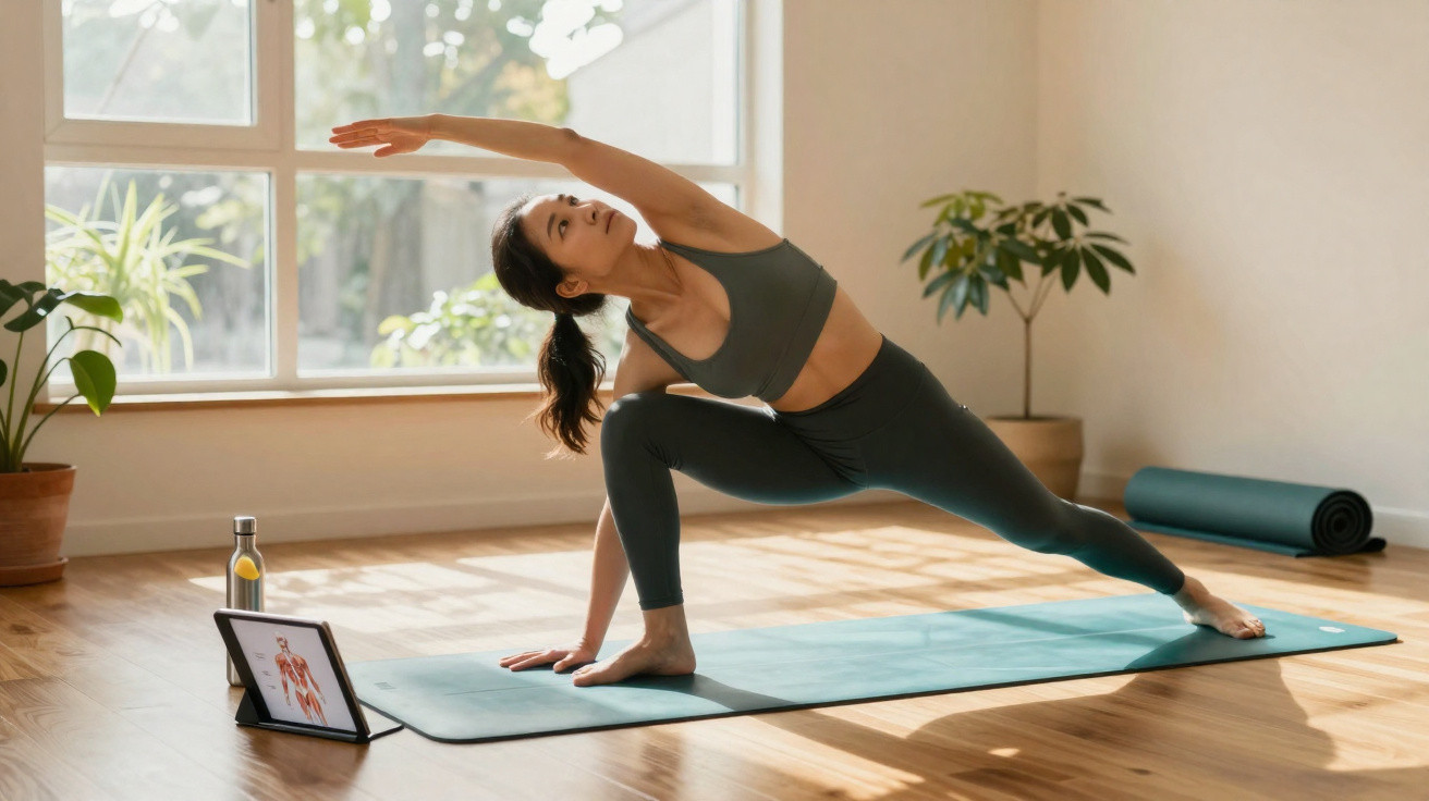 Mulher fazendo alongamento de yoga em tapete azul ao lado de tablet e planta em sala iluminada.
