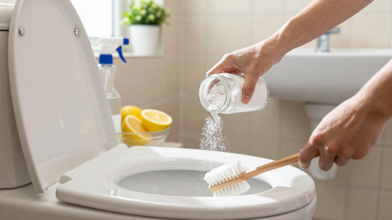 Pessoa despejando pó branco no vaso sanitário com escova de limpeza em banheiro claro.