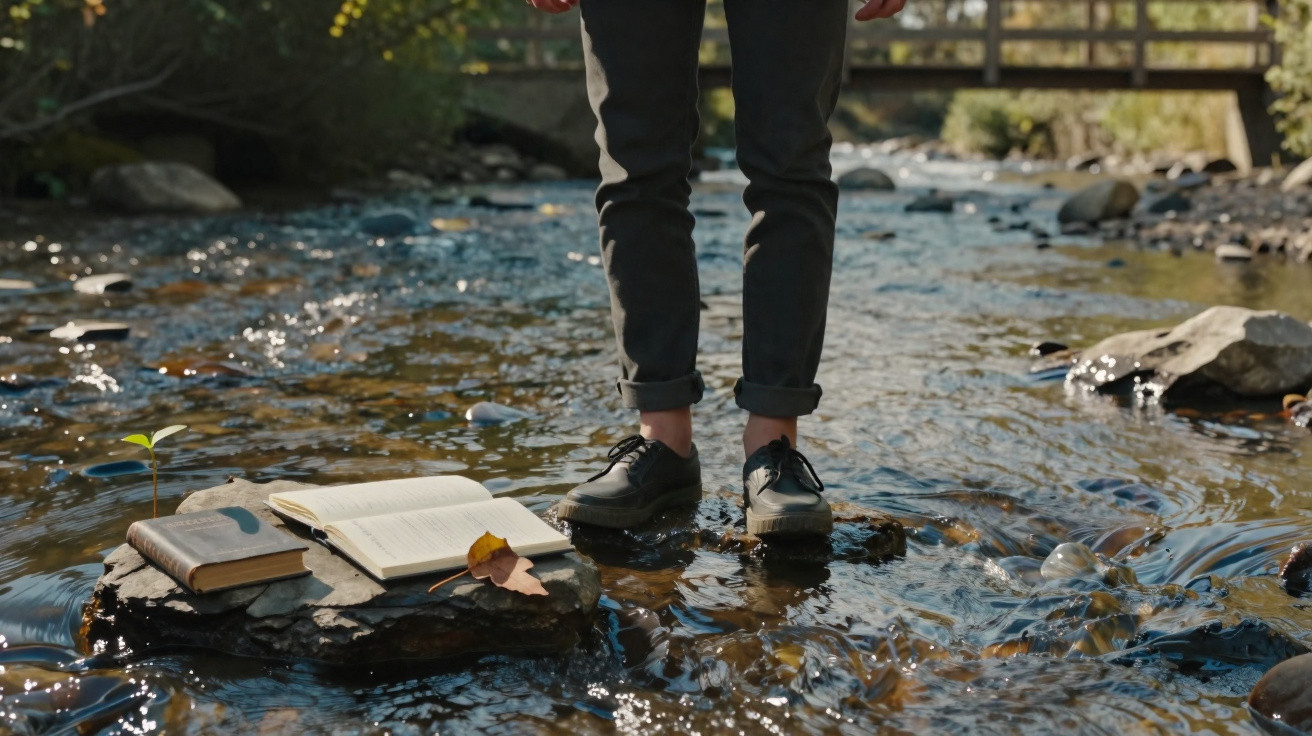Pessoa de sapatos pretos parada em pedra no riacho com dois livros, um aberto, e uma folha amarela ao lado.