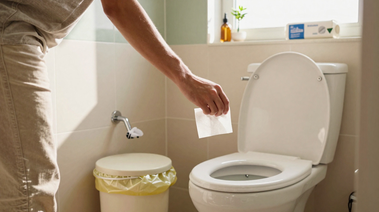 Pessoa jogando papel higiênico no vaso sanitário em banheiro claro e organizado.