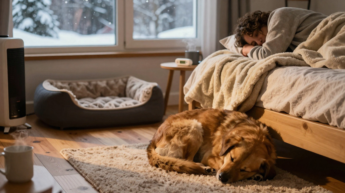 Pessoa dormindo na cama e cachorro deitado no tapete em quarto aconchegante com janela mostrando neve do lado de fora.