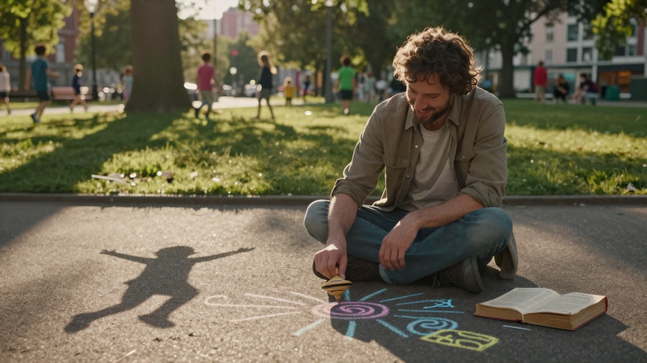 Homem sentado no chão de parque desenhando com giz colorido enquanto lê um livro aberto ao lado.
