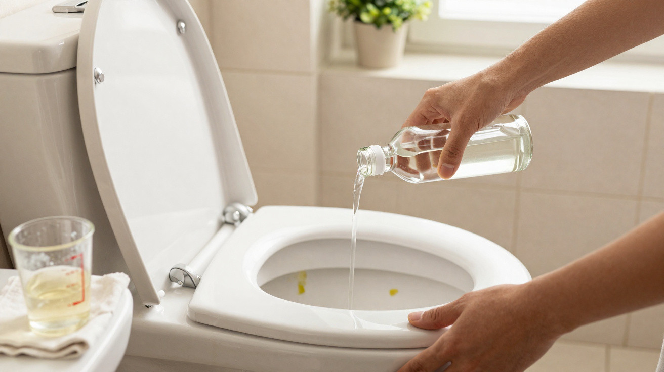 Pessoa despejando líquido transparente dentro de vaso sanitário com tampa aberta em banheiro.