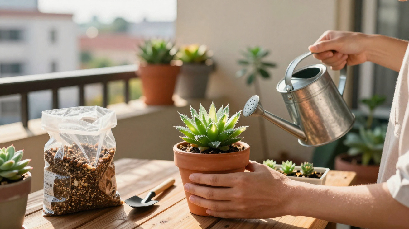 Pessoa regando suculenta em vaso de barro sobre mesa de madeira em varanda com outras plantas ao fundo.