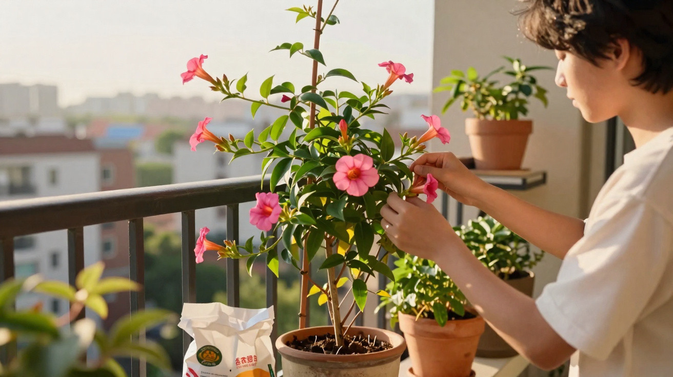 Pessoa cuidando de planta com flores cor-de-rosa em vaso na sacada ensolarada de apartamento.