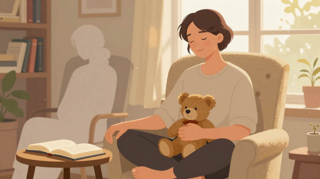 Ilustração de pessoa sentada com ursinho de pelúcia no colo, em poltrona perto de uma mesa com livro aberto.